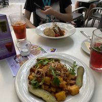 Stuffed cabbage (back) & seitan stew (front) at Napfényes Restaurant & Confectionery in Budapest