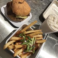 BBQ BacUn Burger, Poutine Fries and vanilla milkshake   at Planetary Burger in Vancouver