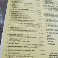 Vegetarian portion of the menu at Pho Huynh Sang in San Francisco