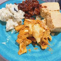 Mac and Cheese, cornbread!, bbq tofu (I hate bbq but I tried it, never again) and potato salad.  at Souley Vegan in Oakland