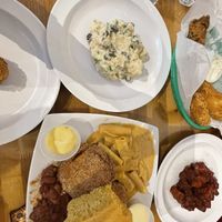 Fried tofu, Mac n cheese, potato salad, bbq tofu, cornbread   at Souley Vegan in Oakland