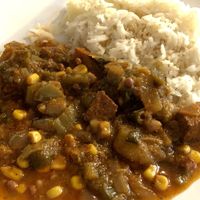 Okra jambalaya with tofu   at Souley Vegan in Oakland