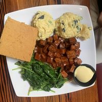 Combo plate with potato salad (amazing!), bbq tofu, spinach, and corn bread.   at Souley Vegan in Oakland