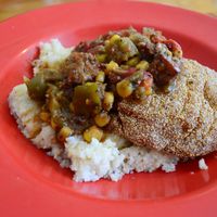 Grits, fried tofu, okra & corn stew - AMAZING, one of my favorite at Souley Vegan at Souley Vegan in Oakland