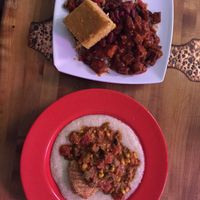Combination plate (with black eyed beans, kidney beans, BBQ tofu and cornbread) and okra with fried tofu and corn grits at Souley Vegan in Oakland
