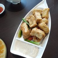 Salt and pepper tofu - with sweet and sour sauce (the red one) and an aioli-tasting white sauce at Formosa Garden in East Perth