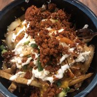 Kimchi fries add on soyrizo   at Queen & Rook Game Cafe in Philadelphia