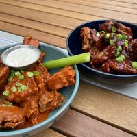 Seitan wings Hot + BBQ  at Queen & Rook Game Cafe in Philadelphia