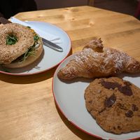 "salmon" bagel, apricot croissant, and peanut cookie. The cookie was outstanding, the rest just okay. at Nothaft Cafe in Berlin