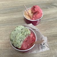 Only vegan options are sorbets, and cones are not vegan. Peche de vigne (pink), pamplemousse, and citron basilic  at Glaces Moustache in Toulouse