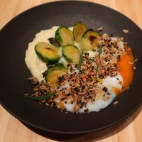 Mashed potatoes with Brussels sprouts, egg and granola at Revive Kitchen Three - Hibiya Midtown in Tokyo