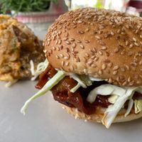 BBQ seitan sandwich with potato salad - delicious   at Counter Culture in Austin