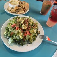 BTLA salad, artichoke dip, an oat milk iced toddy, and an Arnold Palmer (hibiscus tea and lavender lemonade)    at Counter Culture in Austin