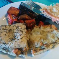 Tempeh Reuben with kraut, side of roasted sweet potatoes and beets at Counter Culture in Austin