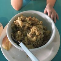 Mac and cheese with breadcrumb topping and apple slices at Counter Culture in Austin
