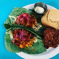 Raw Butternut Tacos with Jalapeño Cornbread, BBQ Jackfruit & Beans at Counter Culture in Austin