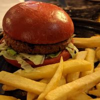 Moving Mountains burger in a beetroot bun. at The Salutation in Tynemouth