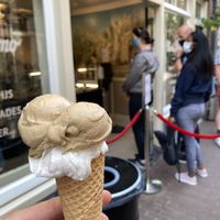 Mocha/banana flavored gelato ice cream in front of the store  at Monte Pelmo in Amsterdam