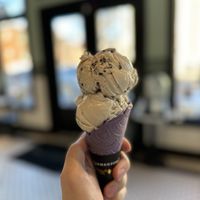 Vegan Tahini Chocolate Chip in a Lavender Waffle Cone  at Clementine's Naughty & Nice Creamery in St Louis