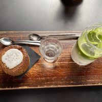 Iced matcha and lemon poppy cake at Hidden Coffee Roasters in Barcelona