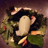 Cold green soup with crispy kale, avocado. One of the incredible dishes in the 6 course vegan menu. at Taiko  in Amsterdam