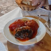 Pomodoro, melanzana e peperone ripieni di riso e verdure  at Ta Platania in Kastellorizo