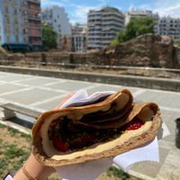 Almond butter, strawberry, and pistachio vegan crepe at Navarino Creperie in Thessaloniki