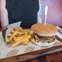Vegan bean burger with fries at Charnallies in Clacton-on-sea