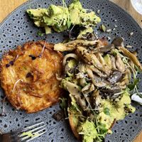 Smashed avo & shrooms (vegan) + a side of potato rosti  at The Deck in Forster