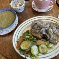 Garlic bruschetta and small bowl of soup  at Cafe Tioram in Acharacle
