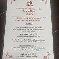 Lunch menu 1, June 2022  at The Shakespeare Inn in Bridgnorth