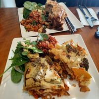 Lasagne and enchilada with salad at 1Two1 Vegan Café in Springwood