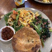 Cheezy pie and salad. Completely hit the spot for a late lunch. Warmer in a pie warmer so beautiful crisp pastry    at 1Two1 Vegan Café in Springwood