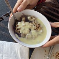 Crumble with custard at 1Two1 Vegan Café in Springwood