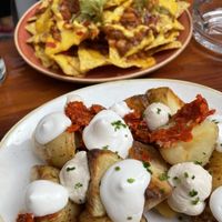 Cheese tortillas & kimchi aioli potatos  at Blu Bar in Barcelona