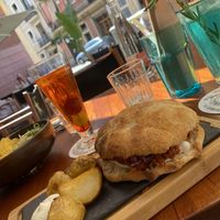 Pulled pork sandwich & a blue sangria and Aperol   at Blu Bar in Barcelona