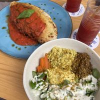 buddha bowl and calzone alla bolgnese   at Blu Bar in Barcelona