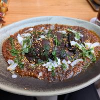 Portobello Steak on Dal with herbs and Coconut Bacon at Blu Bar in Barcelona