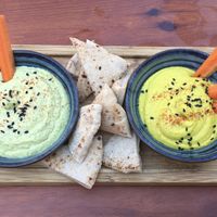 Edamame and turmeric hummus with pita bread at Blu Bar in Barcelona