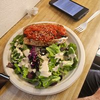 Unmeatball sandwiches and salad with tahini dressing at Sugar Apple Organic Cafe in Key West