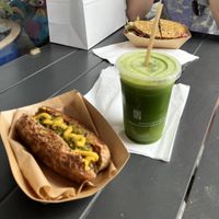 Veggie dog, green juice, FLT  at Sugar Apple Organic Cafe in Key West