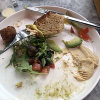 Delicious plant based breakfast, sourdough, hummus, falafel, mushroom, spinach, tomatoes,peppers  at Fego in Beaconsfield