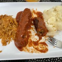 Vegan curry sausage with sauerkraut and wonderful potato salad  at The German Knodle in St Petersburg