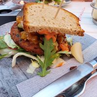 "Birne Maja" with bulgur patty, pear chutney & caramelized walnuts (12.95) at Poppins  in Minden