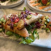 Spiced potato & sweet pea samosas
Mint yoghurt, chilli, cucumber, tomato and red onion salad at Beck Hall in Malham