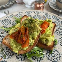 Avocado carrot-salmon on toast (gf) for breakfast at Beck Hall in Malham