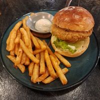 Japanese-style 'pork' cutlet burger + fries at BaganHood 蔬食餐酒館 in Taipei
