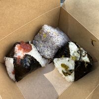 Left to right: umeboshi, seaweed, pickled mustardd  at Omusubi Gonbei in Paris