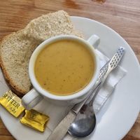 Vegan Butternut squash, coconut and chilli soup. Butter was not vegan during the visit at Laggan Wolftrax Cafe in Laggan