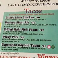 Taco menu (piggy means vegan) at Joe's Surf Shack in Belmar